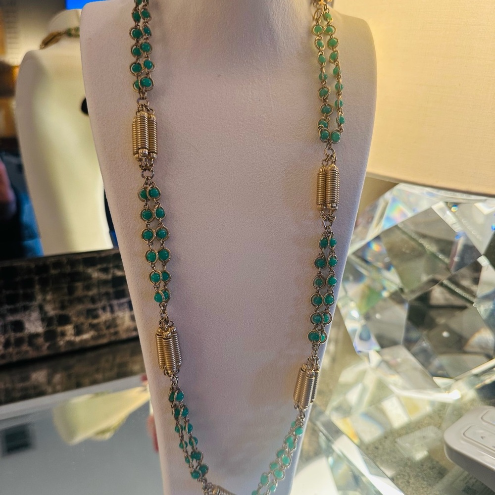 Intricately Lovely Green & Gold-Tone Beaded Necklace / Rose Clasp Marked Japan